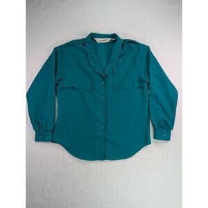 Dianne Von Furstenberg Size 12 Teal Green Safari Style Button Up Blouse VTG 80's